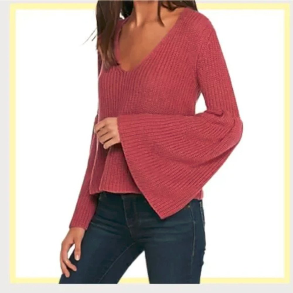 Free People Damsel Rose Pink Bell Sleeves Oversized Cropped Sweater Size XS EUC